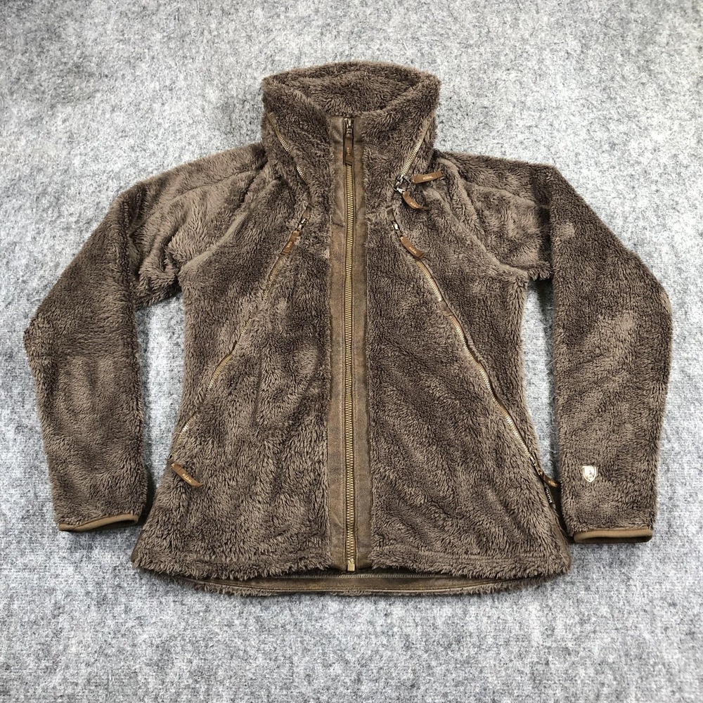 Kuhl Flight Jacket Womens Medium Brown/olive Fuzzy Fleece Full Zip Thumbholes